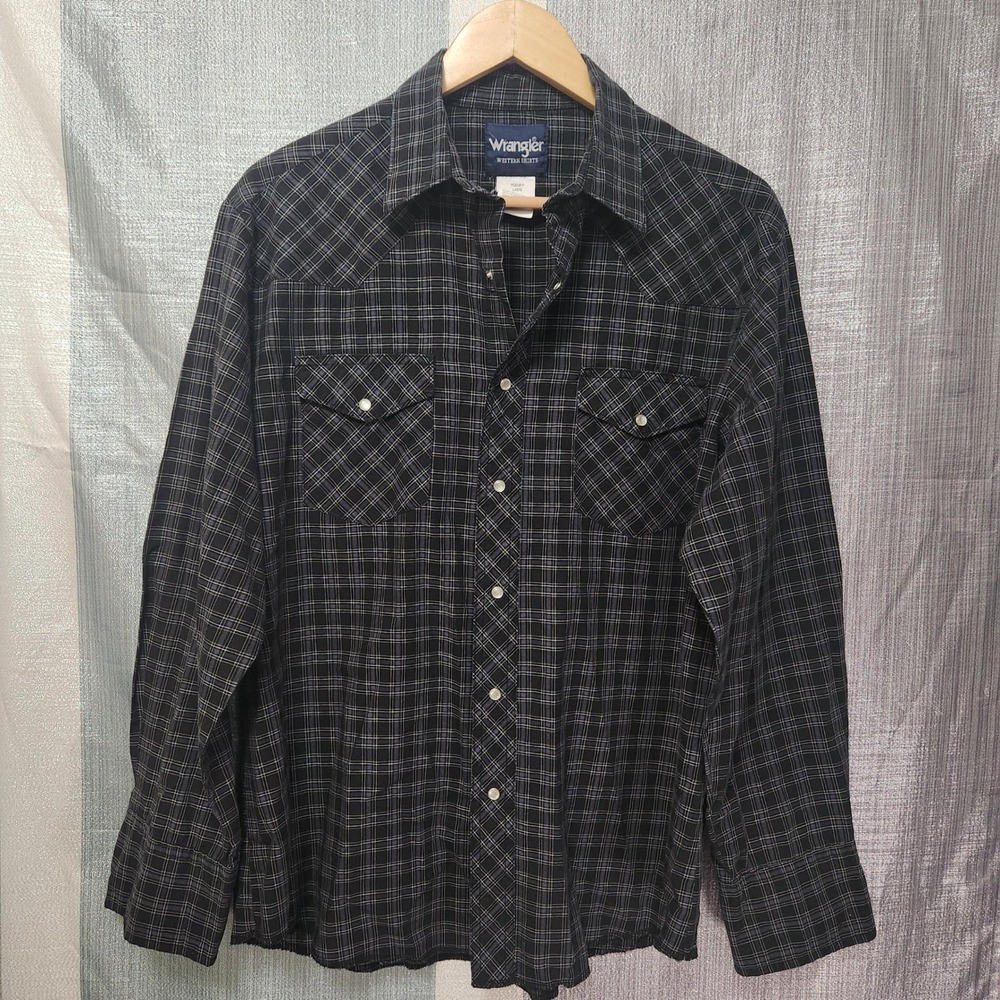 Wrangler Western Shirt Mens L Black Plaid Pearl Snap Long Sleeve Cowboy Rodeo